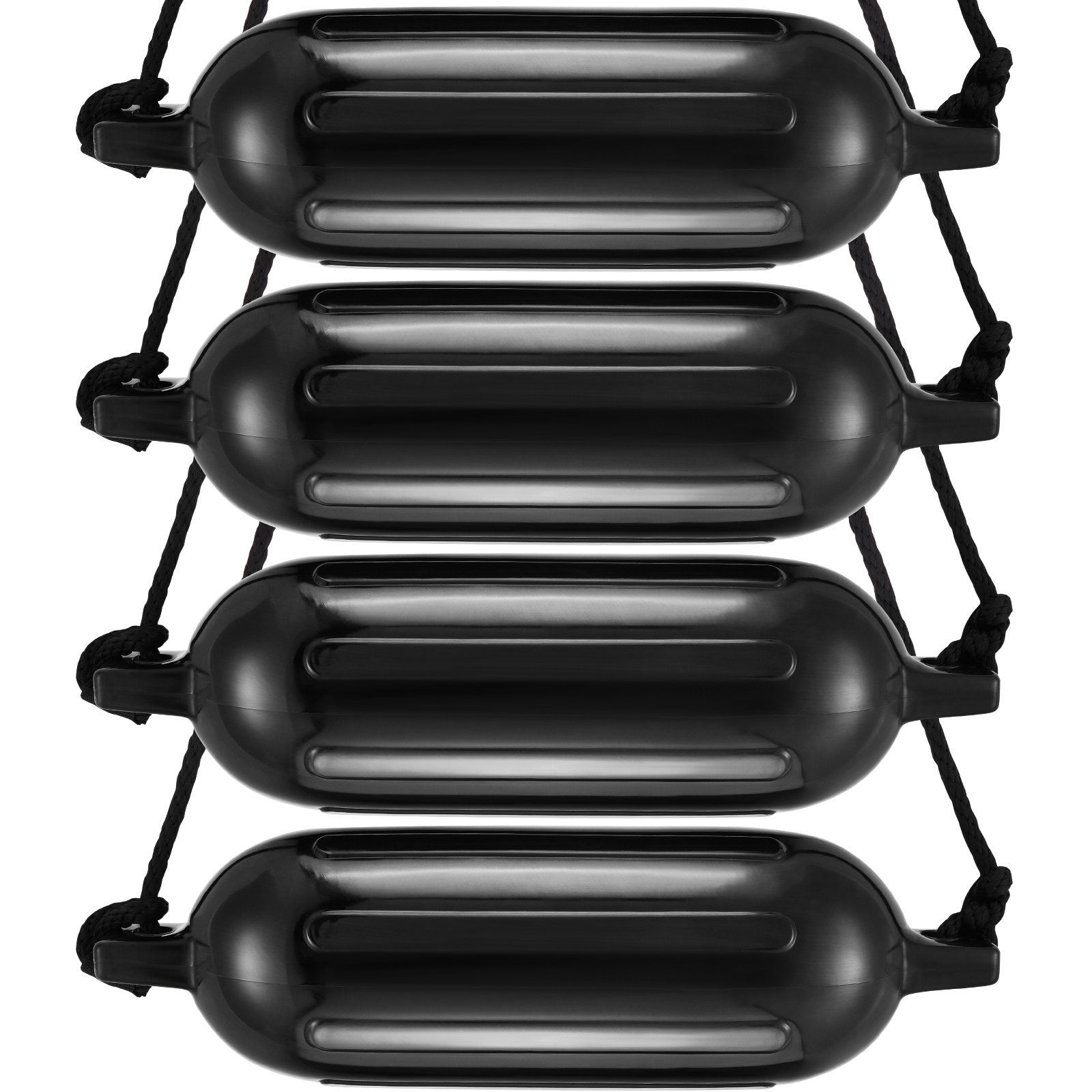 Boat Fenders, 8.5" x 26" Boat Bumpers for Docking, Inflatable Ribbed Fender with Center Holes, Marine Boat Dock Fender Bumper with Air Pump, 4 Needles and 4 Ropes and Storage Bag, Black