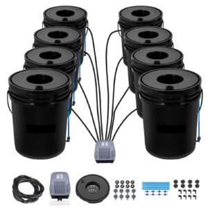 DWC Hydroponic System, 5 Gallon 8 Buckets, Deep Water Culture Growing Bucket, Hydroponics Grow Kit with Pump, Air Stone and Water Level Device, for Indoor/Outdoor Leafy Vegetables