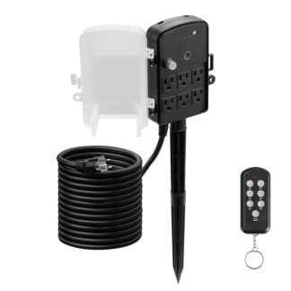 Outdoor Power Stake, 25FT Extension Cord, Outdoor Power Strip Weatherproof with Cover, Remote Control Dusk to Dawn Light Timer Waterproof, 6 Outlets, 1875W/15A, for Christmas Lights, Garden