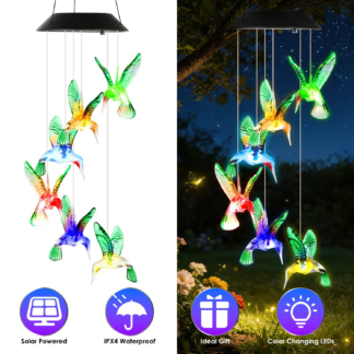 1Pc/2Pcs Options -- LED Solar Hummingbird Wind Chime Solar String Lights 6 LEDs Color-Changing IP65 Waterproof Decorative Lamp
